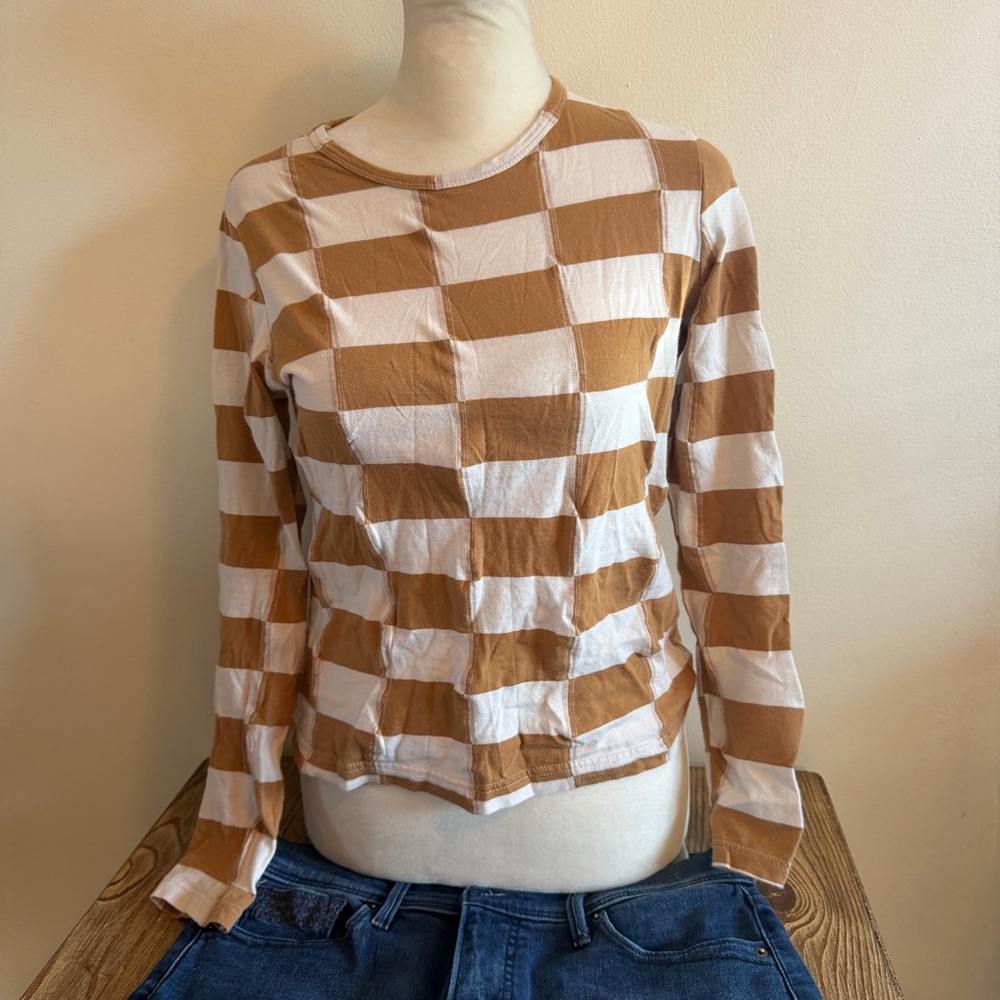 Women's Long-Sleeve Checker Cotton Tee - Cream & Tan